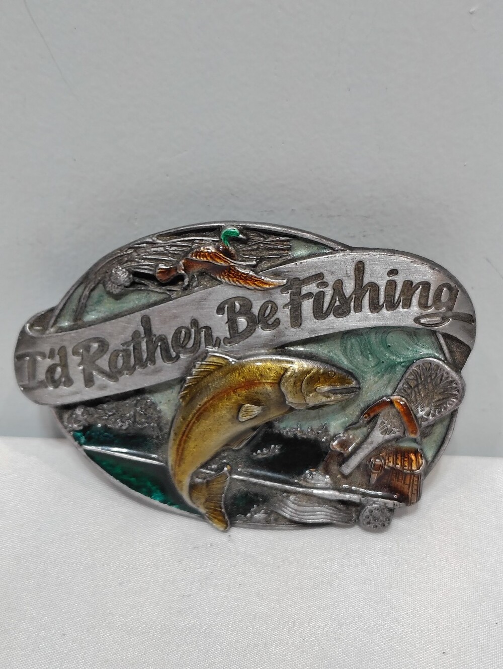 Vintage 1985 Siskiyou Pewter Belt Buckle M-30 I'd Rather Be Fishing Trout Duck